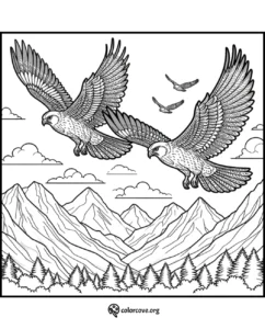 a drawing of birds flying over mountains