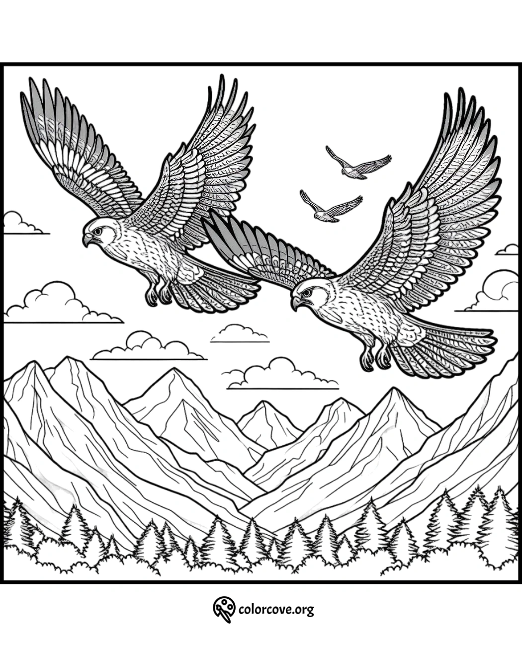 a drawing of birds flying over mountains