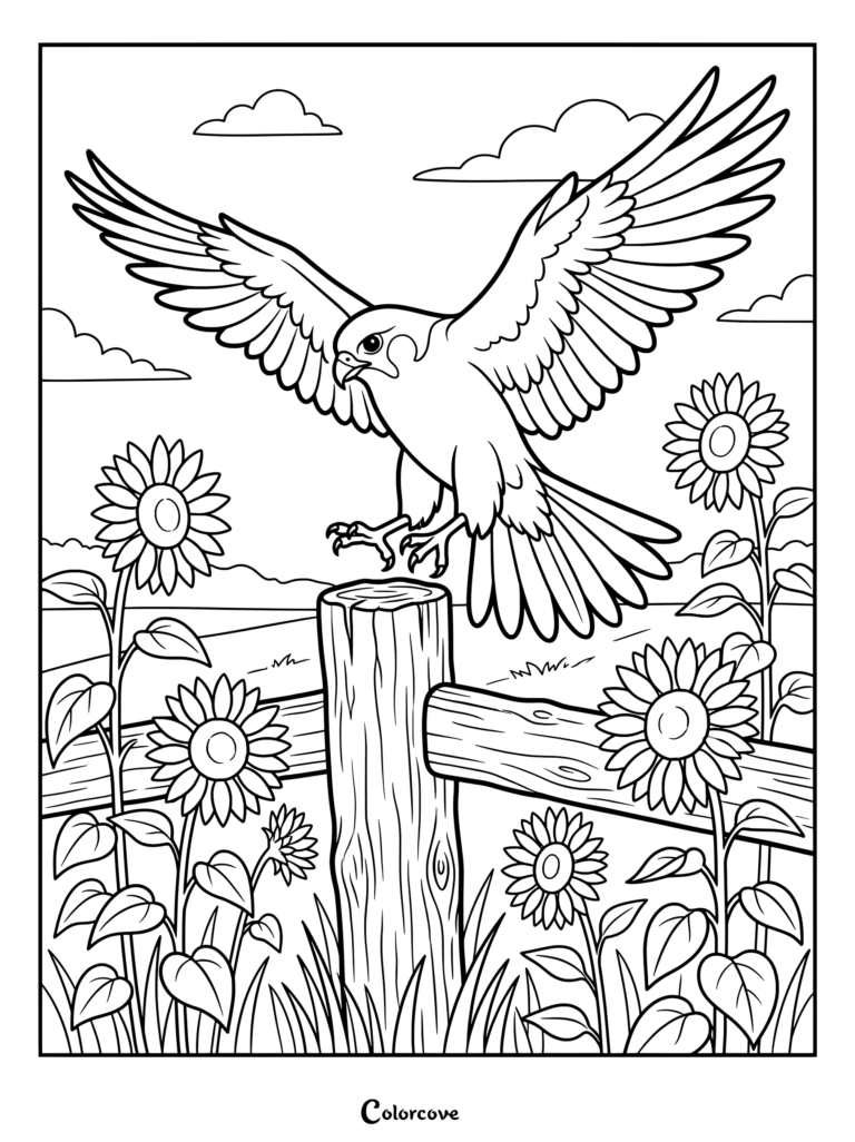 Printable falcon coloring page featuring a bird landing on a wooden fence post surrounded by sunflowers.
