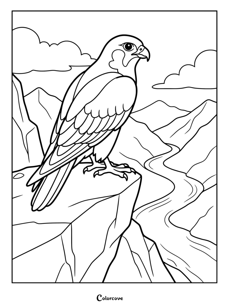Detailed falcon coloring page showing a bird perched on a cliff overlooking a winding river and mountains.