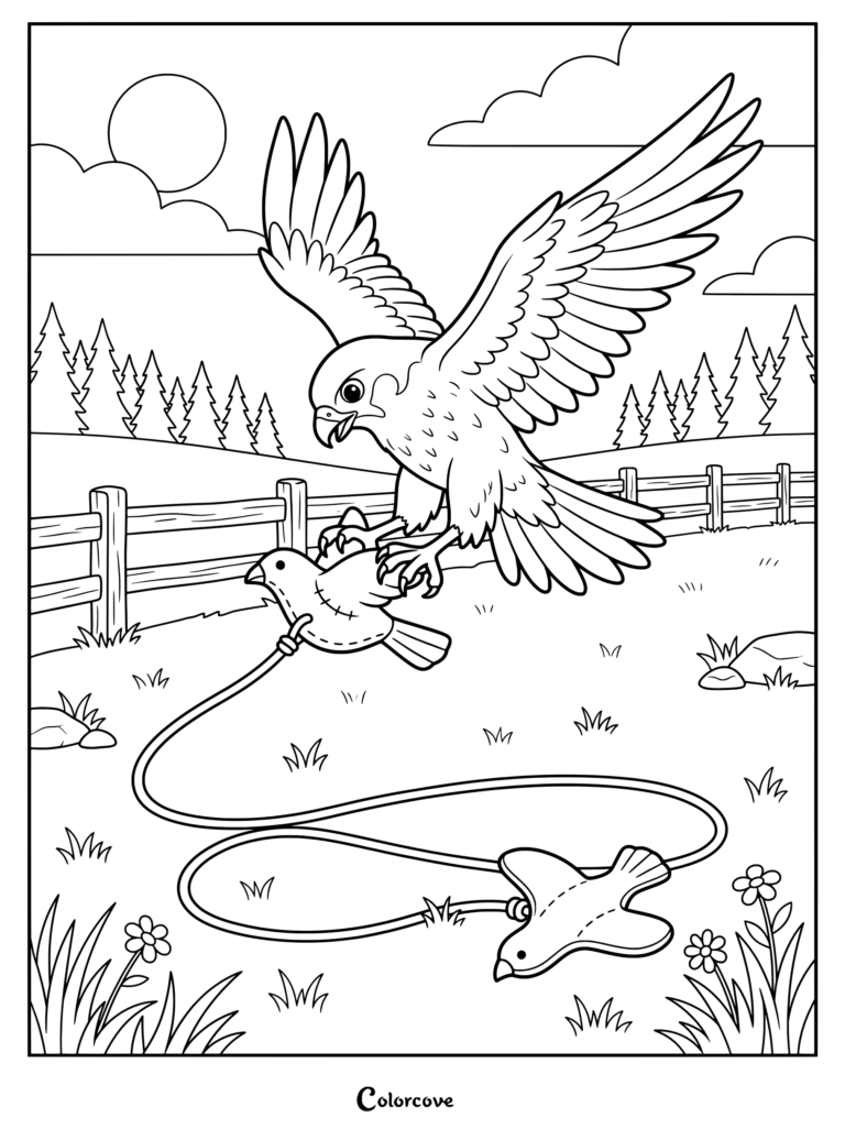 A majestic falcon grabbing a leather bird lure in a grassy field for a printable coloring page.