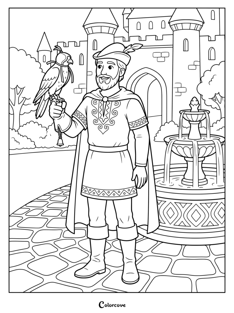 A nobleman holding a hooded falcon in a castle courtyard coloring page.