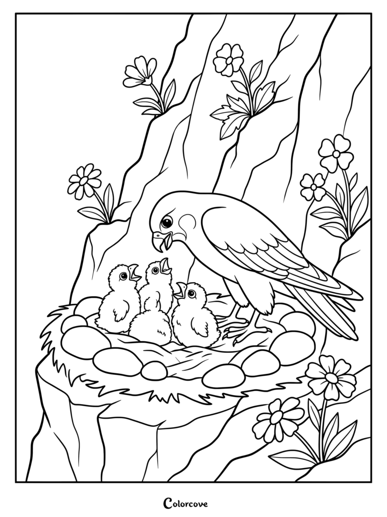 Falcon coloring page featuring an adult bird feeding hungry chicks in a cliffside nest.