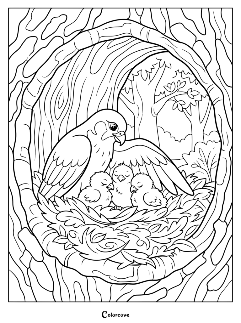 Falcon coloring page featuring a mother bird protecting her chicks in a hollow tree nest.