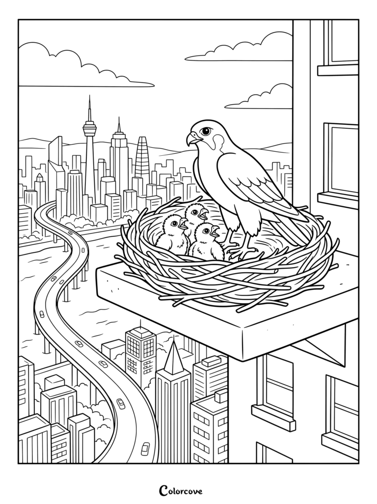 Falcon coloring page featuring a mother bird and chicks in a nest on a skyscraper ledge above a city skyline.