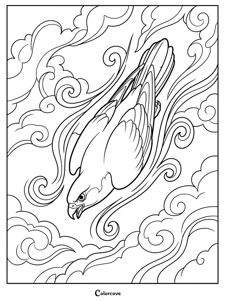 Detailed falcon coloring page featuring a majestic bird diving through decorative swirling clouds.