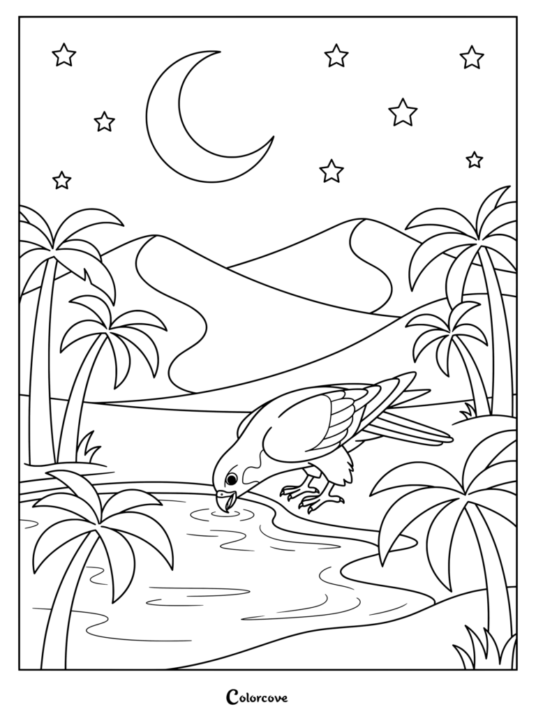 Falcon coloring page featuring a bird drinking water at an oasis under a crescent moon and stars.