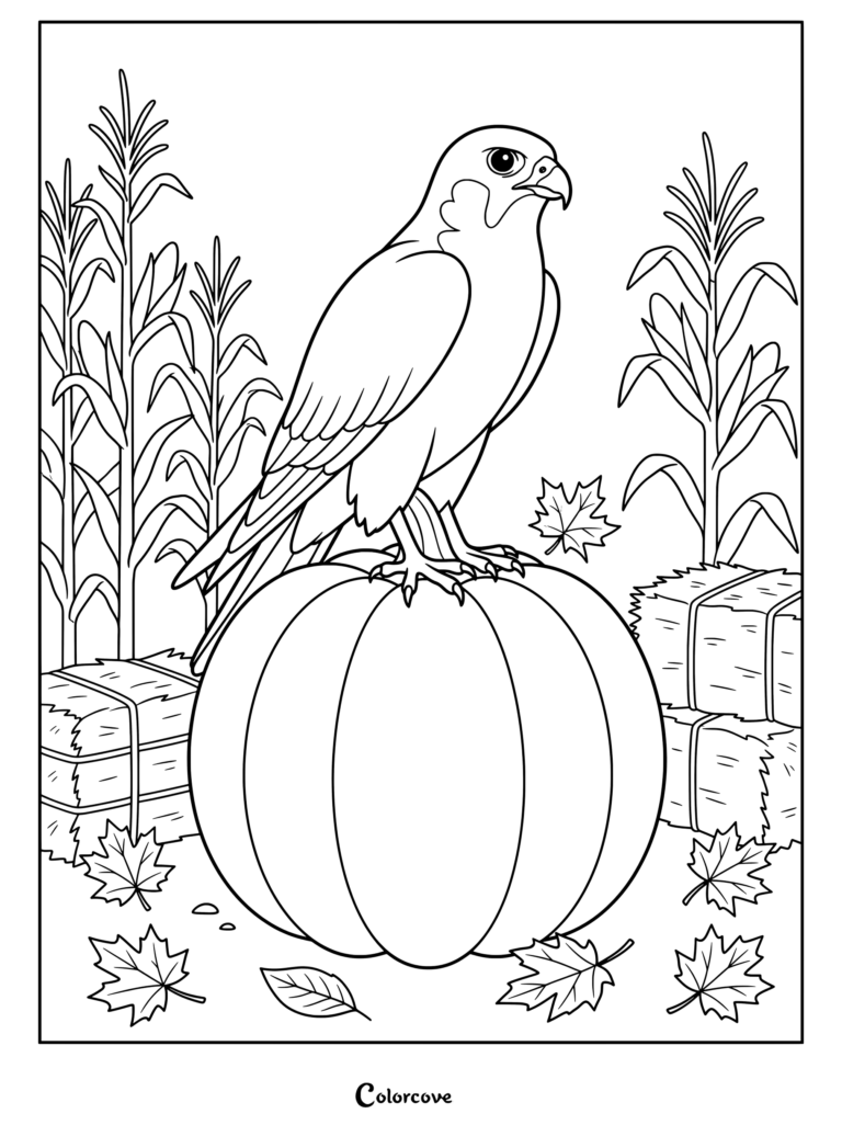 Printable falcon coloring page featuring a majestic bird perched on a large pumpkin amidst autumn leaves.