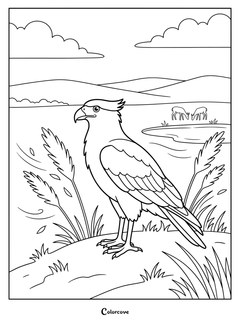 Printable falcon coloring page featuring a crested caracara standing near tall grass with deer in the background.