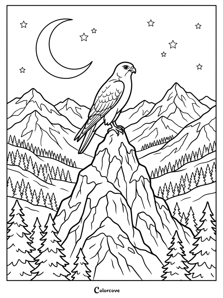 Falcon coloring page featuring a majestic bird perched on a rocky mountain peak under a crescent moon and stars.
