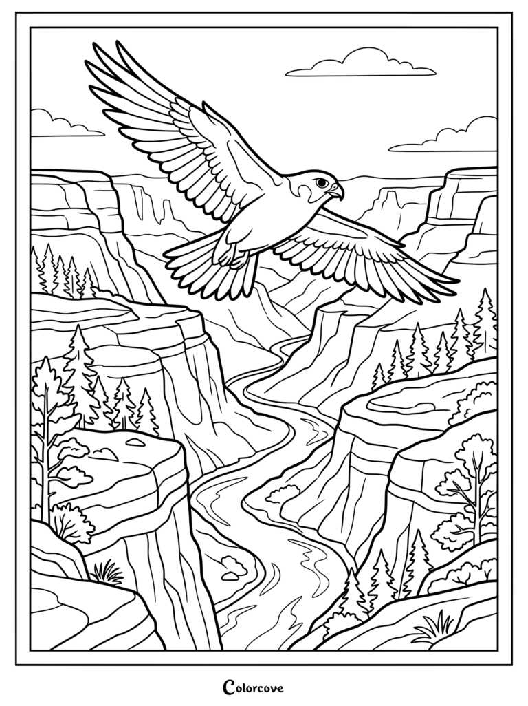 A majestic falcon soaring above a winding river canyon in this printable coloring page.