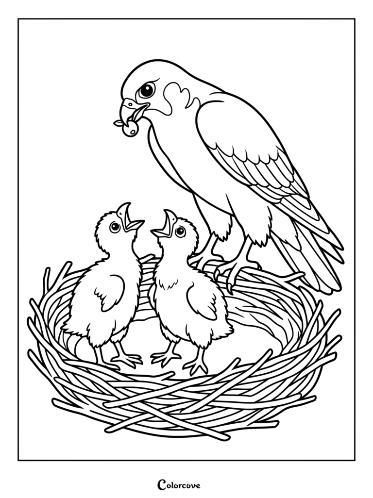 An adult falcon feeding its hungry chicks in a nest of twigs coloring page.