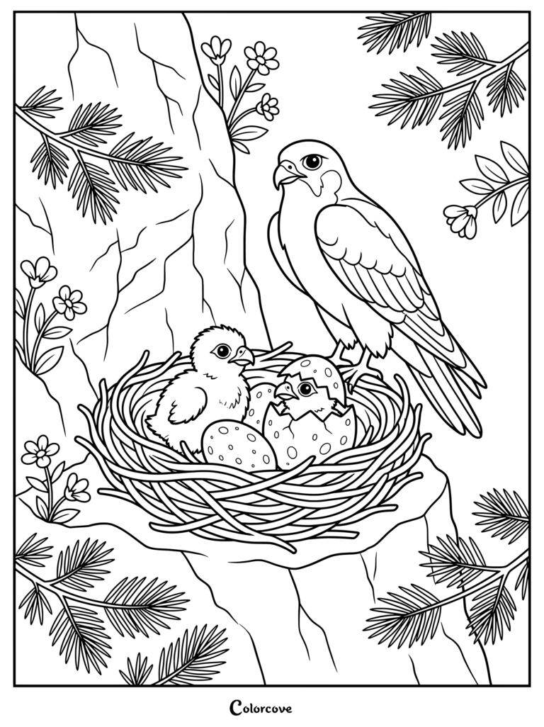 Falcon coloring page featuring a mother bird watching over her fluffy chicks and hatching eggs in a nest on a cliff.