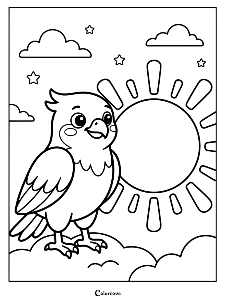 Falcon coloring page featuring a cute bird standing on a cloud near a smiling sun with stars.