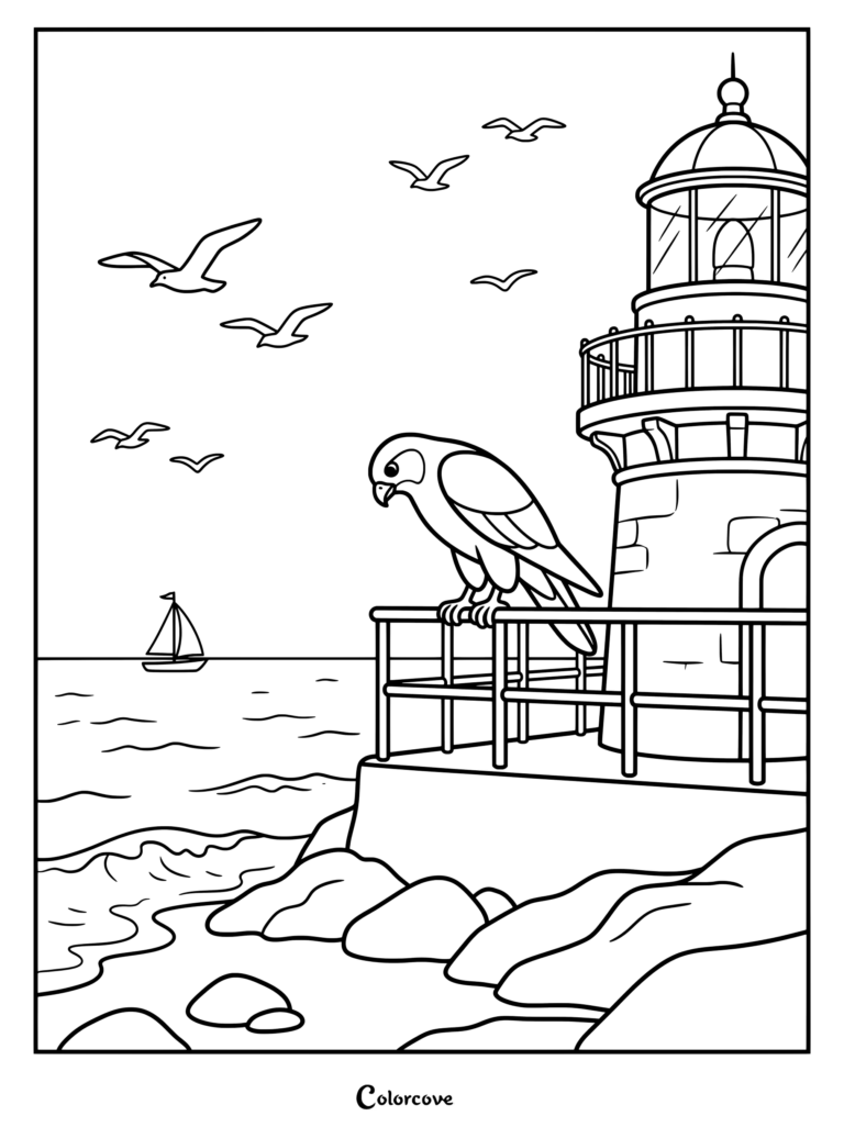Falcon coloring page featuring a bird perched on a lighthouse balcony by the sea with flying seagulls and a sailboat.