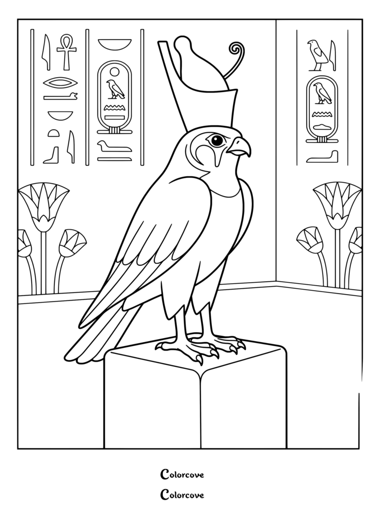Detailed falcon coloring page featuring the god Horus wearing a pharaoh crown amidst ancient Egyptian hieroglyphs.