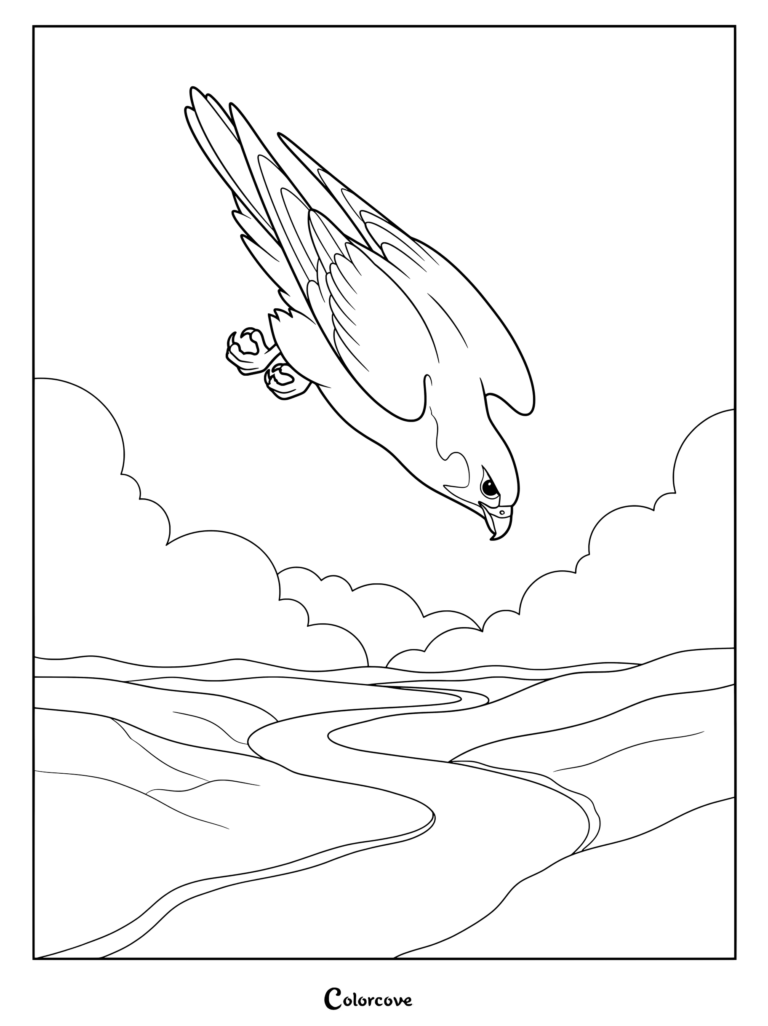 A majestic falcon diving swiftly through the sky in this printable coloring page.
