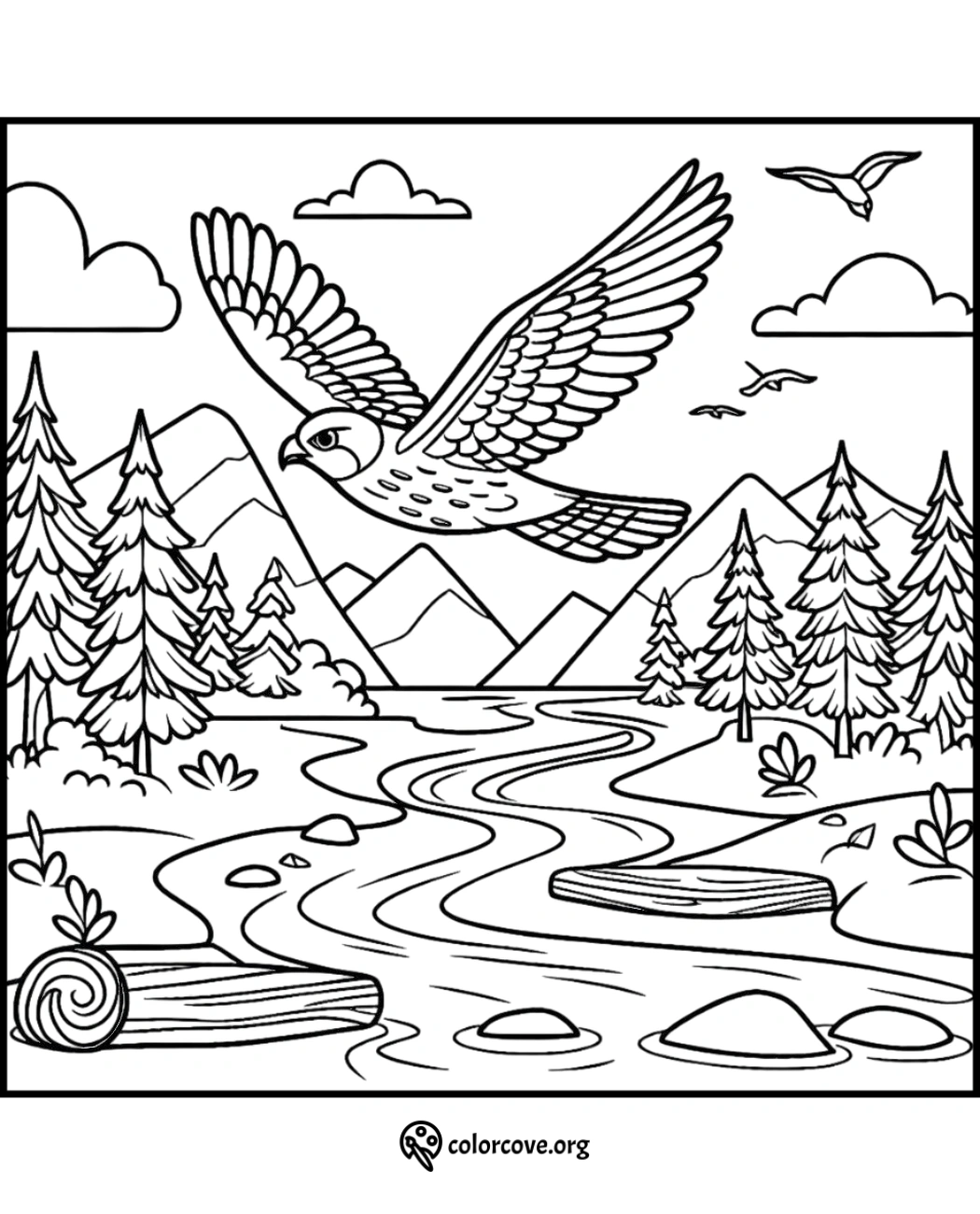 a coloring page of a bird flying over a river