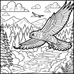 a coloring page of an owl flying over a river