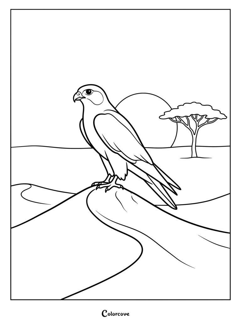 Falcon coloring page featuring a bird perched on a dune with an acacia tree in the background