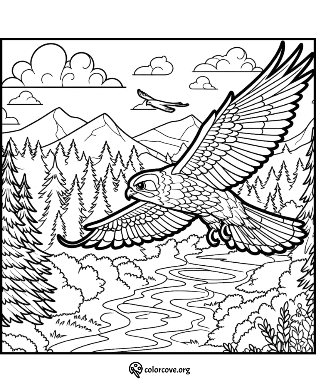 a coloring page of an owl flying over a river