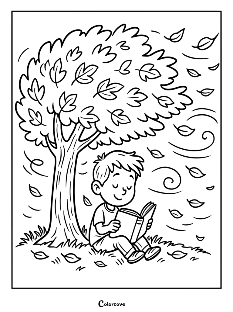 A boy reading a book under a tree in the wind on this free printable fall coloring page.