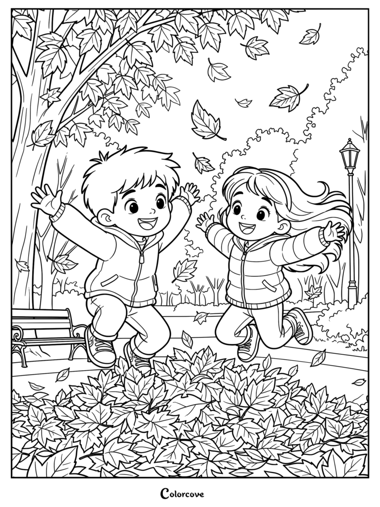 A boy and girl jumping into a pile of autumn leaves in a park, printable coloring page.