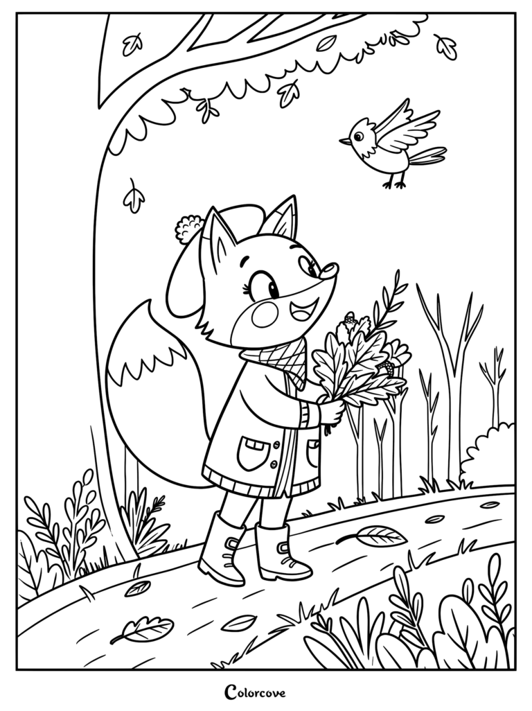 A cute fox wearing a hat, scarf, and boots holding autumn leaves in a forest on this free printable coloring page.