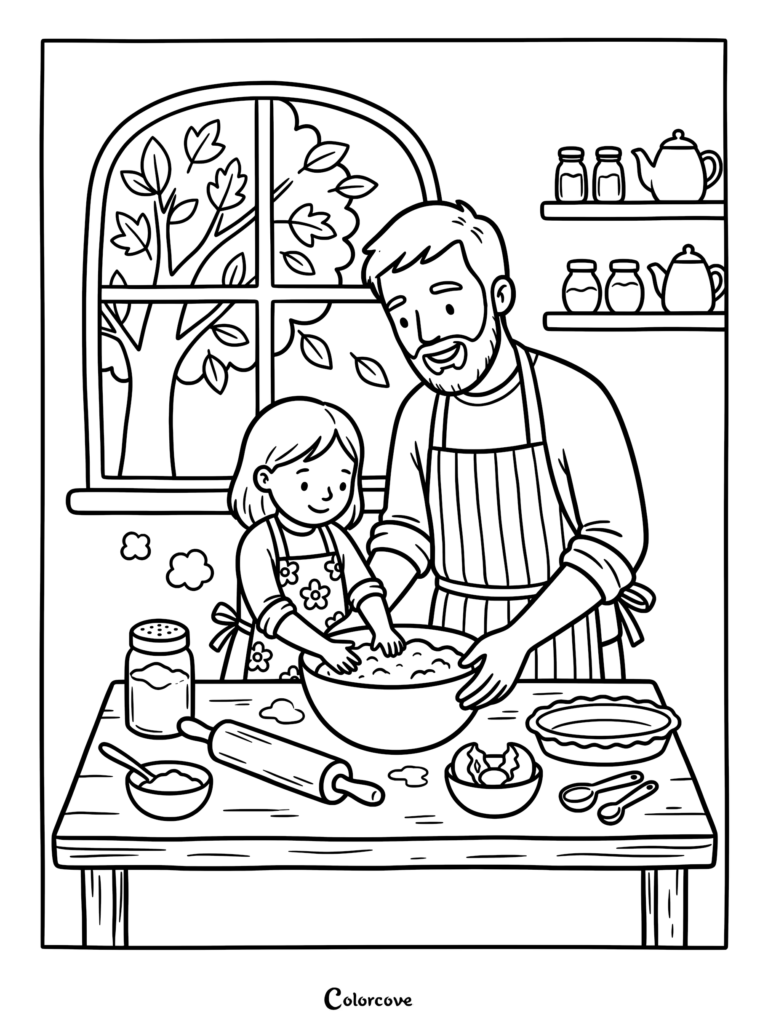 A father and daughter wearing aprons mix dough in a bowl on a kitchen table in this Fall Coloring Page, with a window showing autumn leaves in the background.