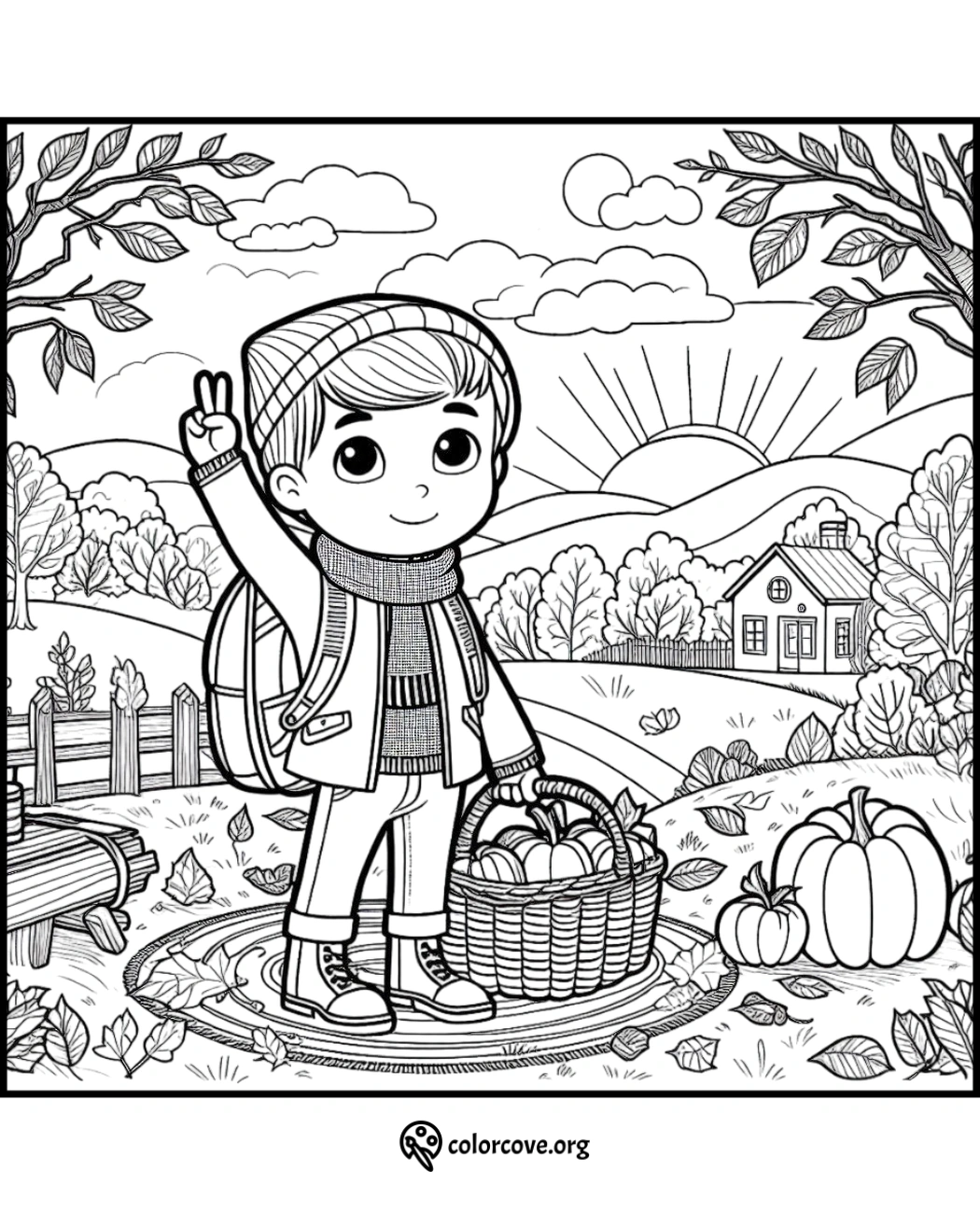 Coloring page of a child holding a basket of pumpkins in an autumn landscape with trees, a house, and the sun setting.