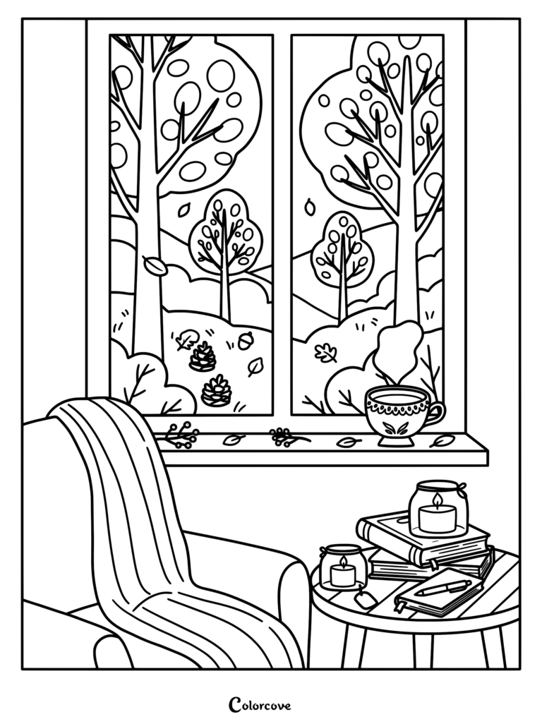 A cozy fall coloring page featuring an armchair with a blanket next to a window overlooking an autumn forest with falling leaves, pinecones, and a steaming mug on the sill.
