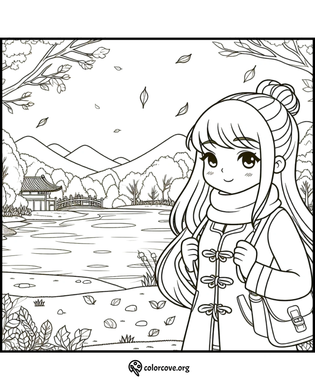 Anime girl with long hair and scarf standing by a lake with mountains and trees in the background, autumn leaves falling.