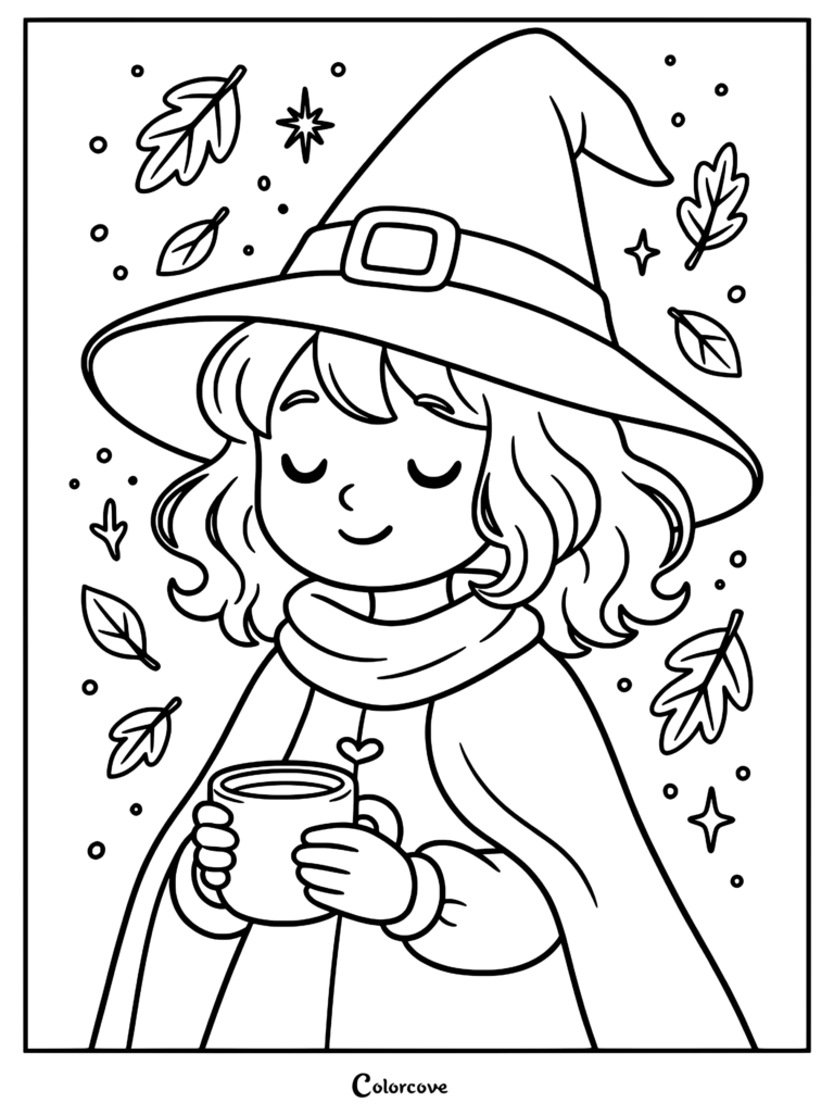 A cute witch in a large hat and scarf holding a mug of hot cocoa surrounded by falling autumn leaves in this free printable coloring page.