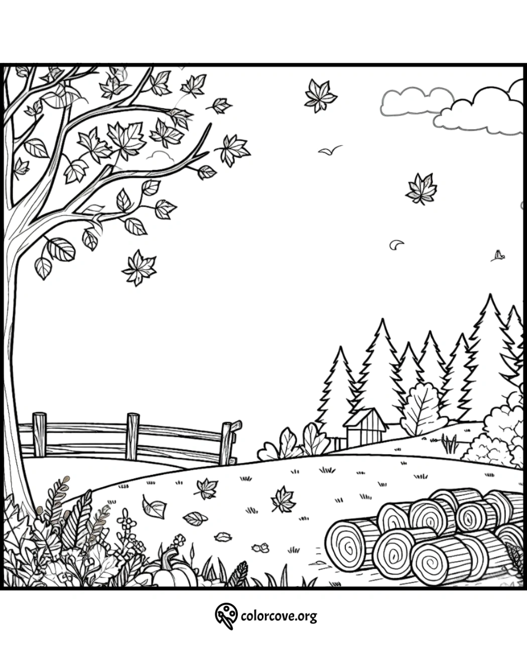 Coloring page of a peaceful countryside in autumn with falling leaves, a tree, a fence, logs, and a distant farm.