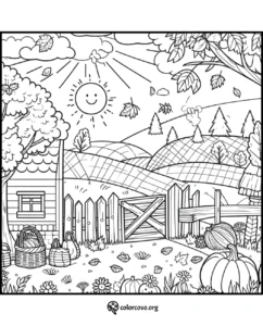 Coloring page with a charming farm scene featuring a smiling sun, rolling hills, trees, and pumpkins in a quaint yard.