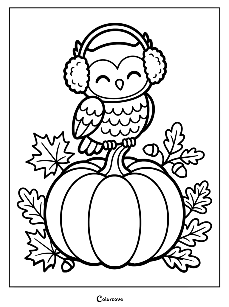 A cute owl wearing earmuffs sitting on a large pumpkin surrounded by fall leaves and acorns in this free printable coloring page.