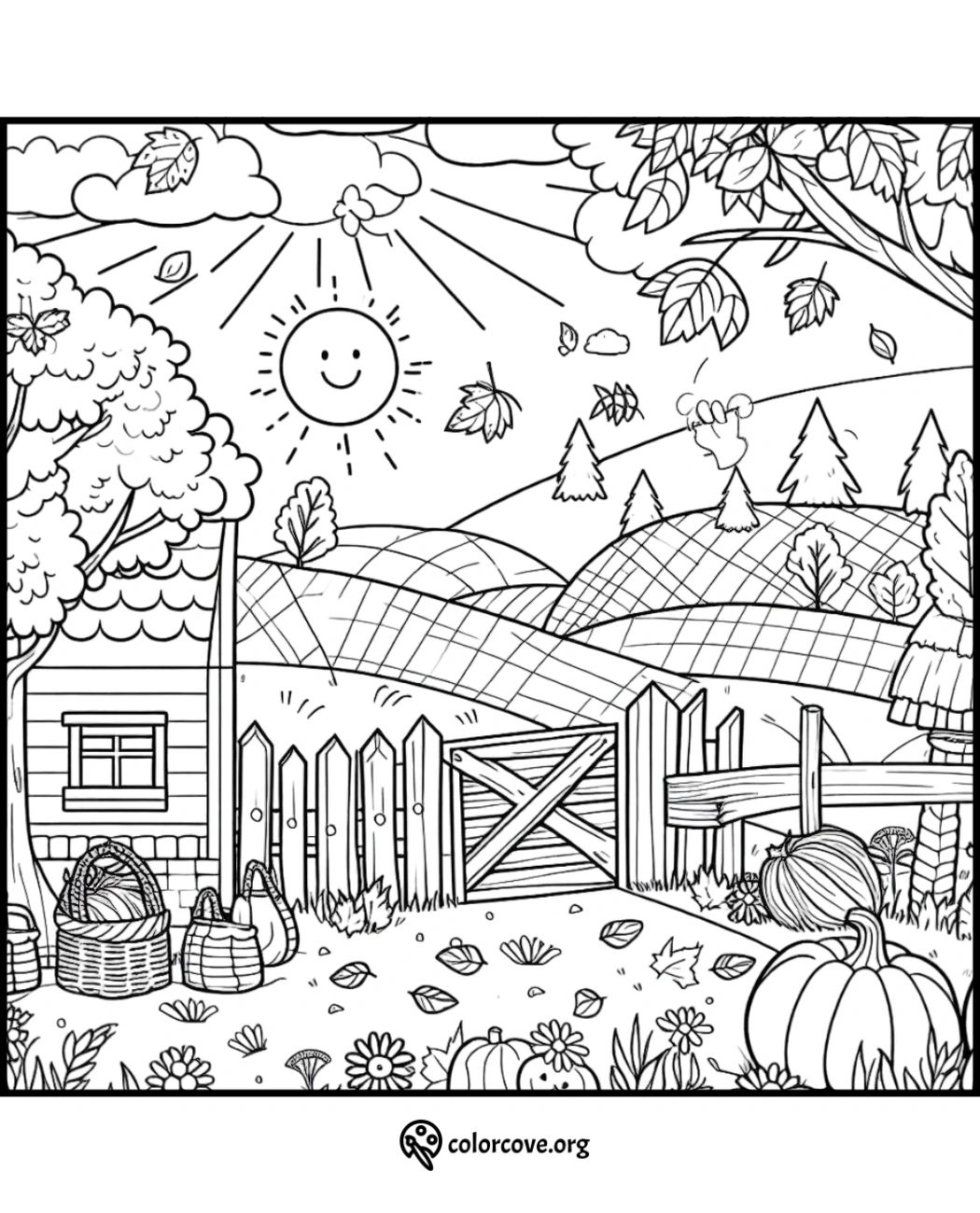 Coloring page with a charming farm scene featuring a smiling sun, rolling hills, trees, and pumpkins in a quaint yard.