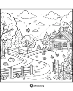 Autumn-themed coloring page featuring a cozy cottage, winding path, falling leaves, and trees in a serene countryside scene.