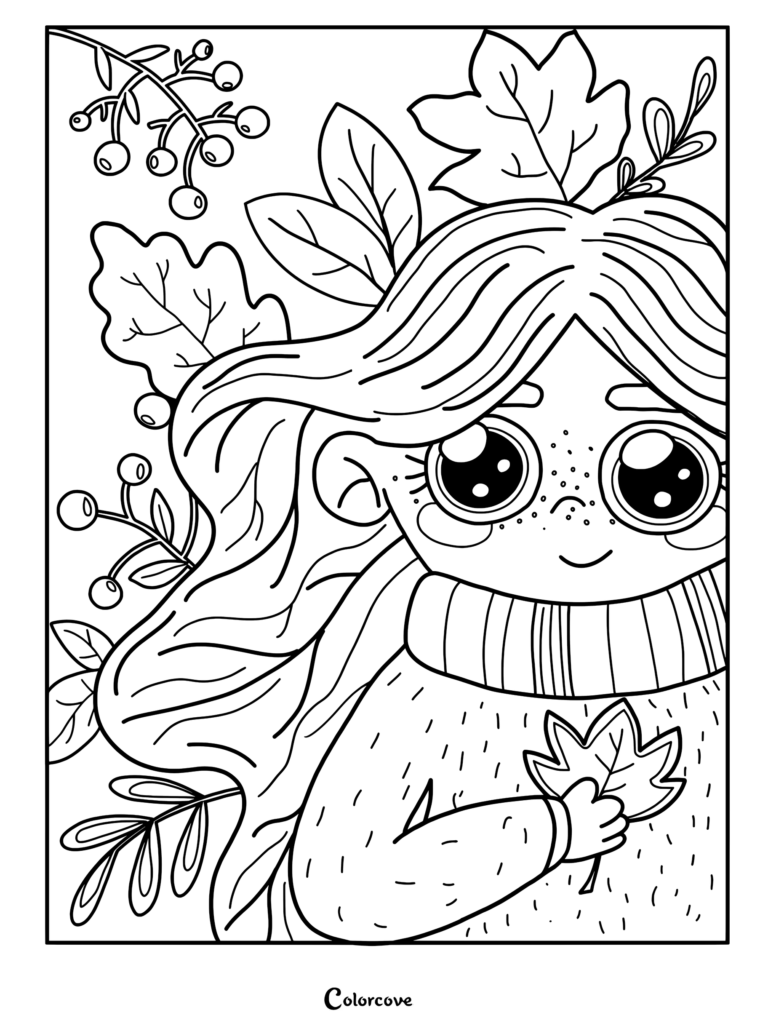 A cute girl with freckles wearing a sweater holding a fall leaf, surrounded by autumn foliage in this printable coloring page.