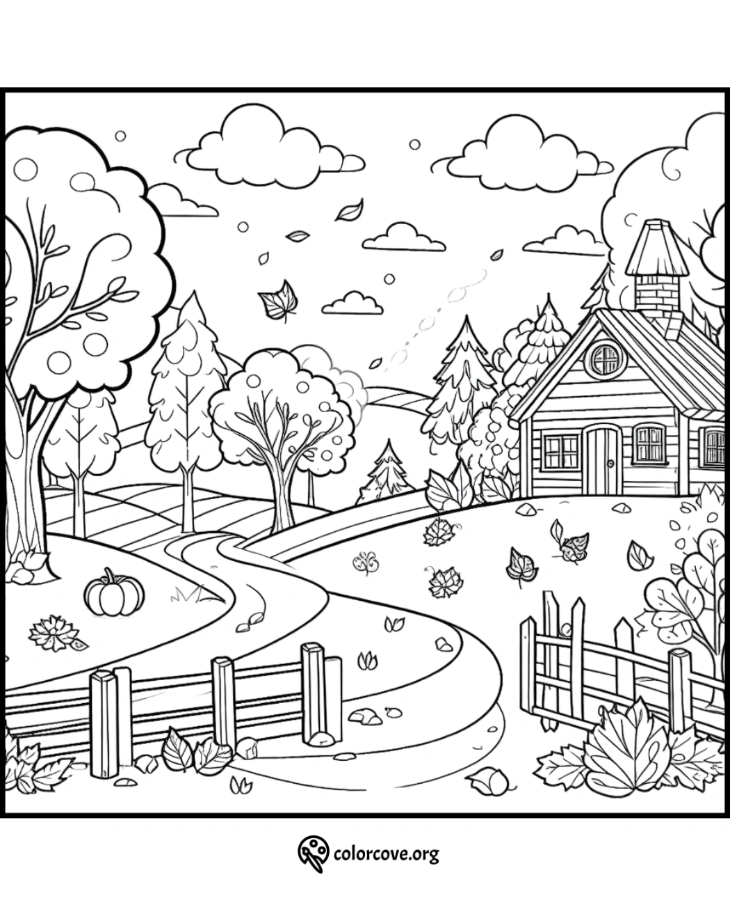 Autumn-themed coloring page featuring a cozy cottage, winding path, falling leaves, and trees in a serene countryside scene.