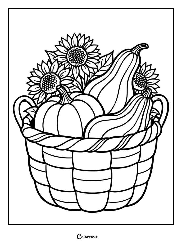 A printable coloring page featuring a woven basket filled with sunflowers, a round pumpkin, and two gourds.