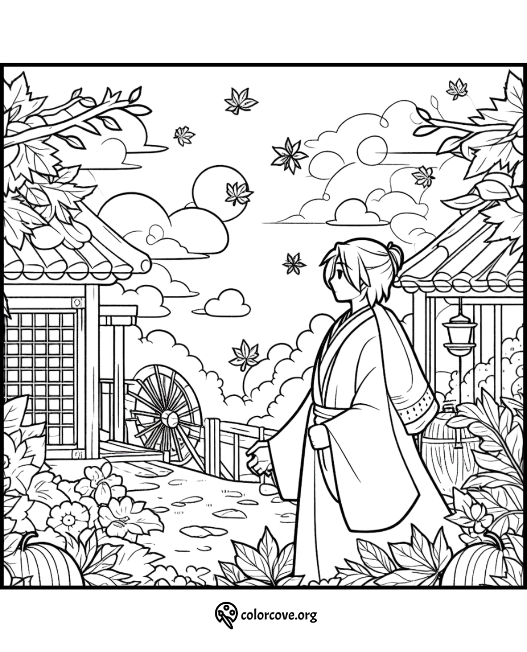 Coloring page of a serene Japanese garden scene with a kimono-clad figure, traditional house, and autumn leaves.