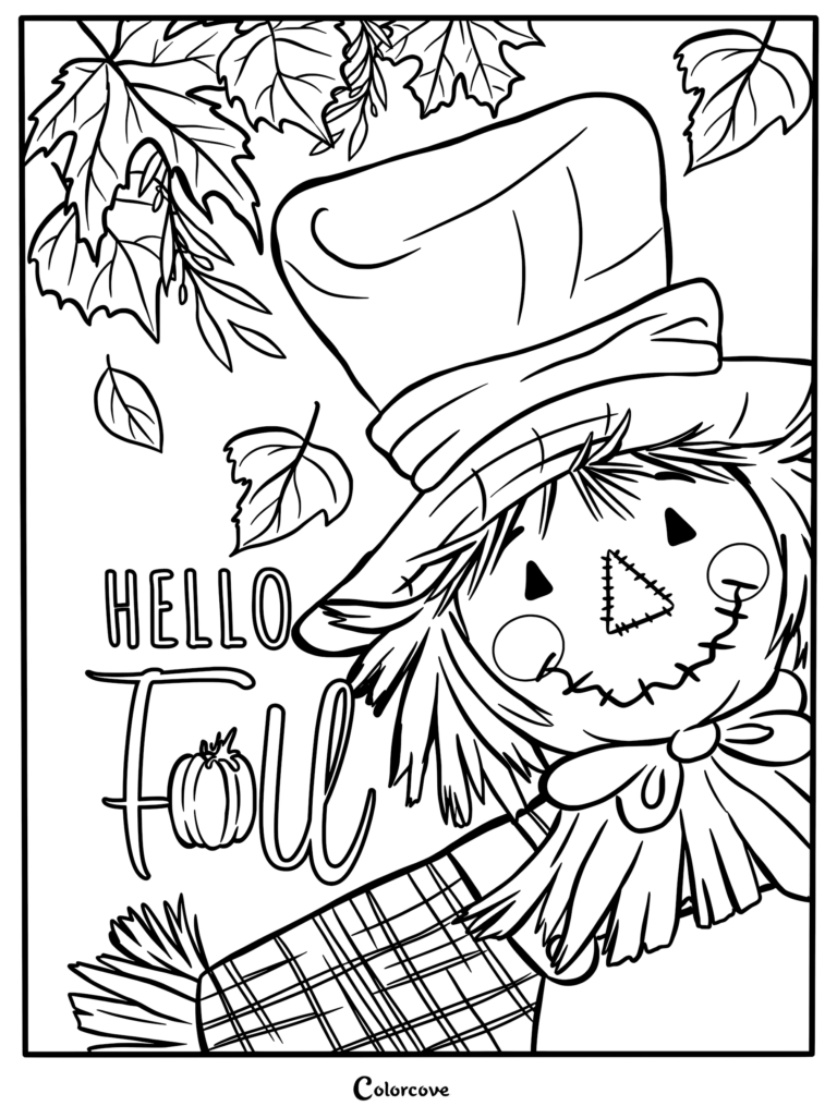 A friendly scarecrow wearing a tall hat surrounded by falling maple leaves on a Hello Fall coloring page.