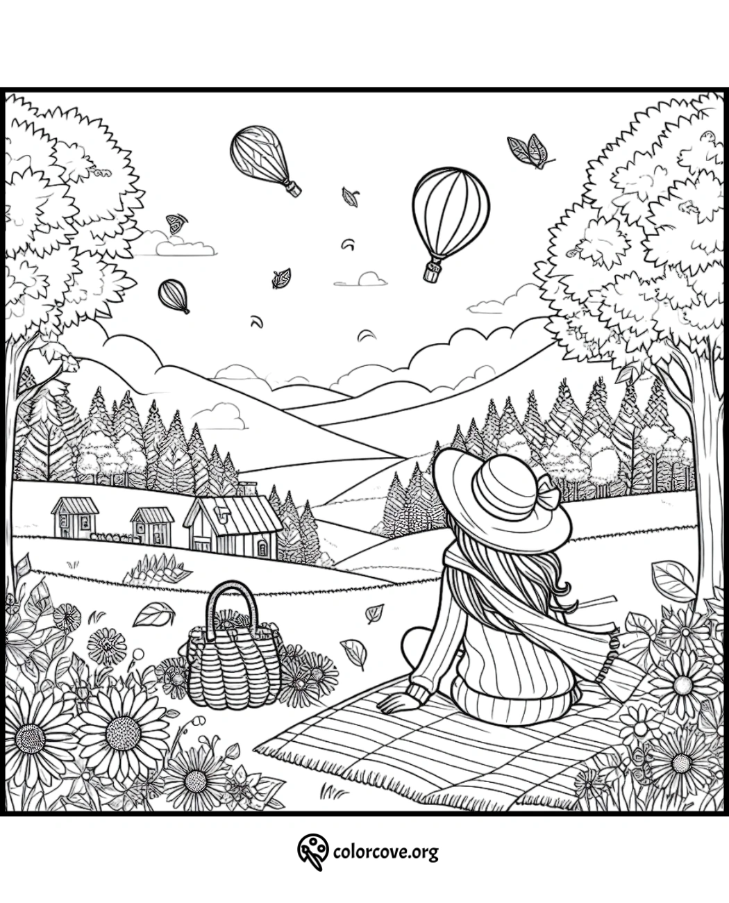 Coloring page of a woman sitting on a blanket in a scenic field with hot air balloons, flowers, and trees in the background.