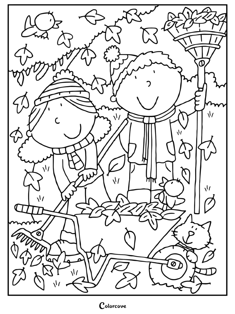 A cozy fall coloring page featuring two children in winter hats and scarves raking fallen leaves into a wheelbarrow with a cat nearby.
