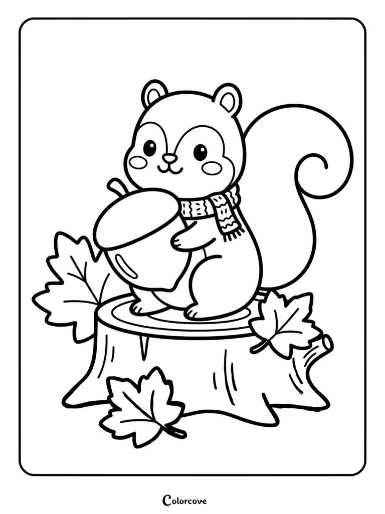 A cute squirrel wearing a scarf holding a large acorn while sitting on a tree stump, featured in a fall-themed coloring page.