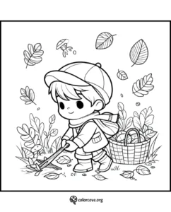 a cartoon of a boy with a basket and leaves