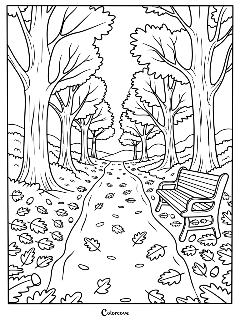 A printable coloring page featuring a peaceful autumn forest path with a wooden bench and fallen leaves.