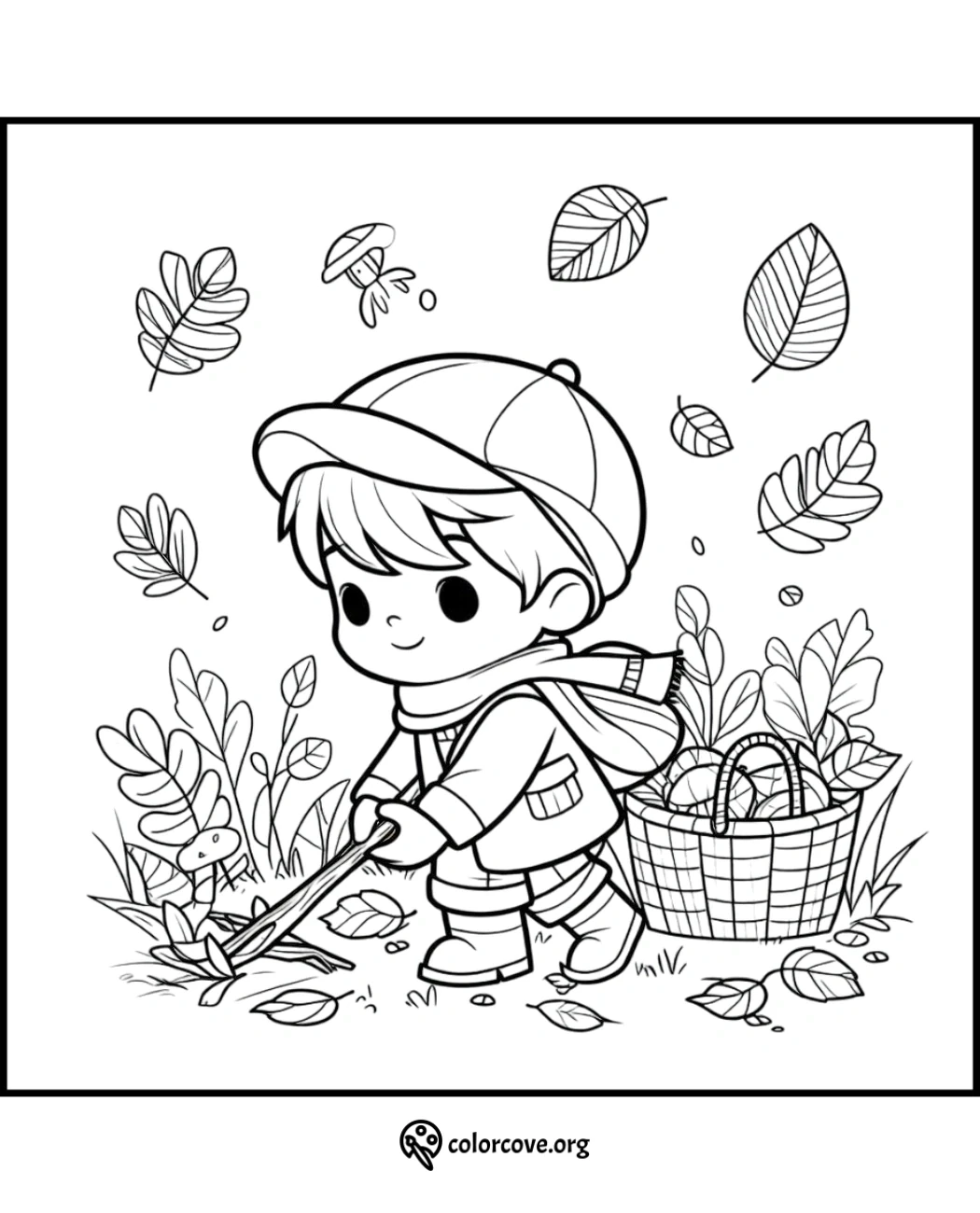 a cartoon of a boy with a basket and leaves