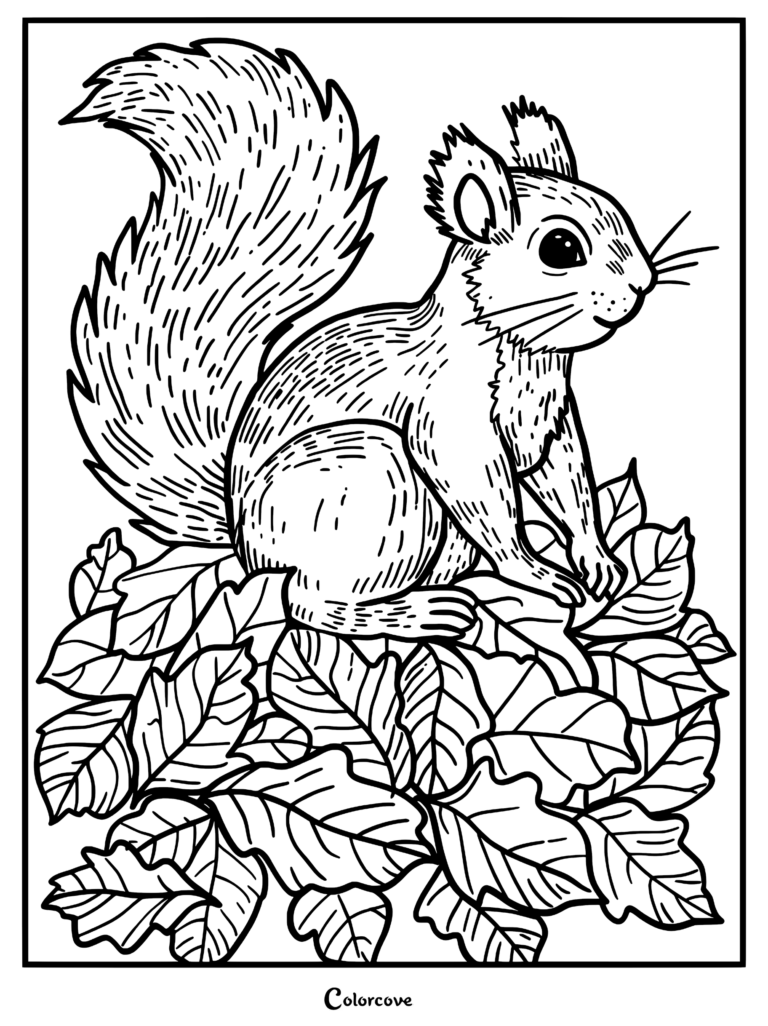 A detailed squirrel sitting on a pile of autumn leaves in this free printable fall coloring page.